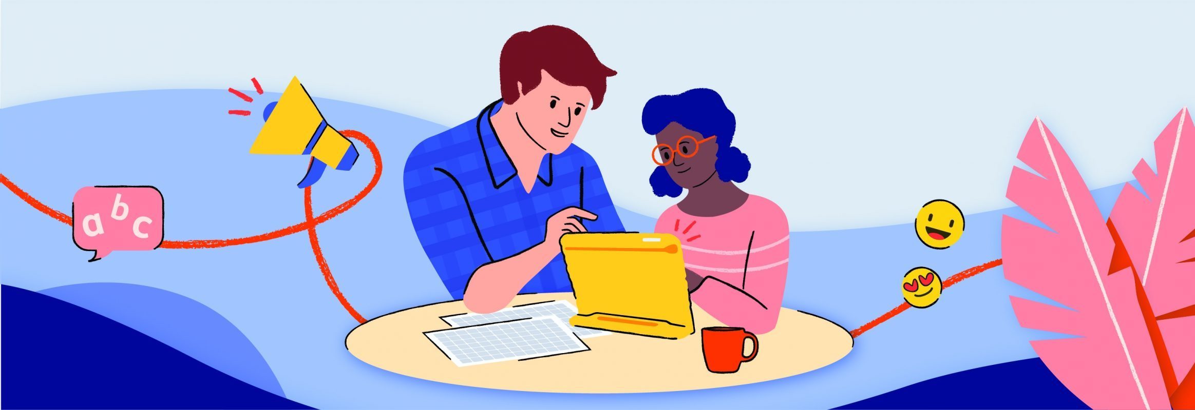 Illustration of a young man and woman sitting at a table behind an iPad.