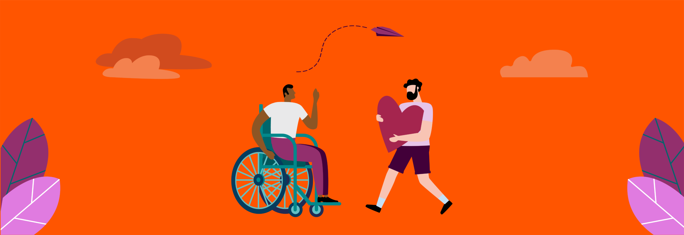 Illustration with one person in a wheelchair and another one standing holding a big heart symbol, facing each other.