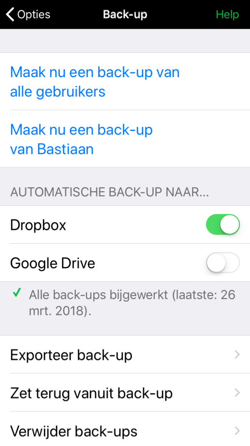 Het onderdeel back-up in opties.
