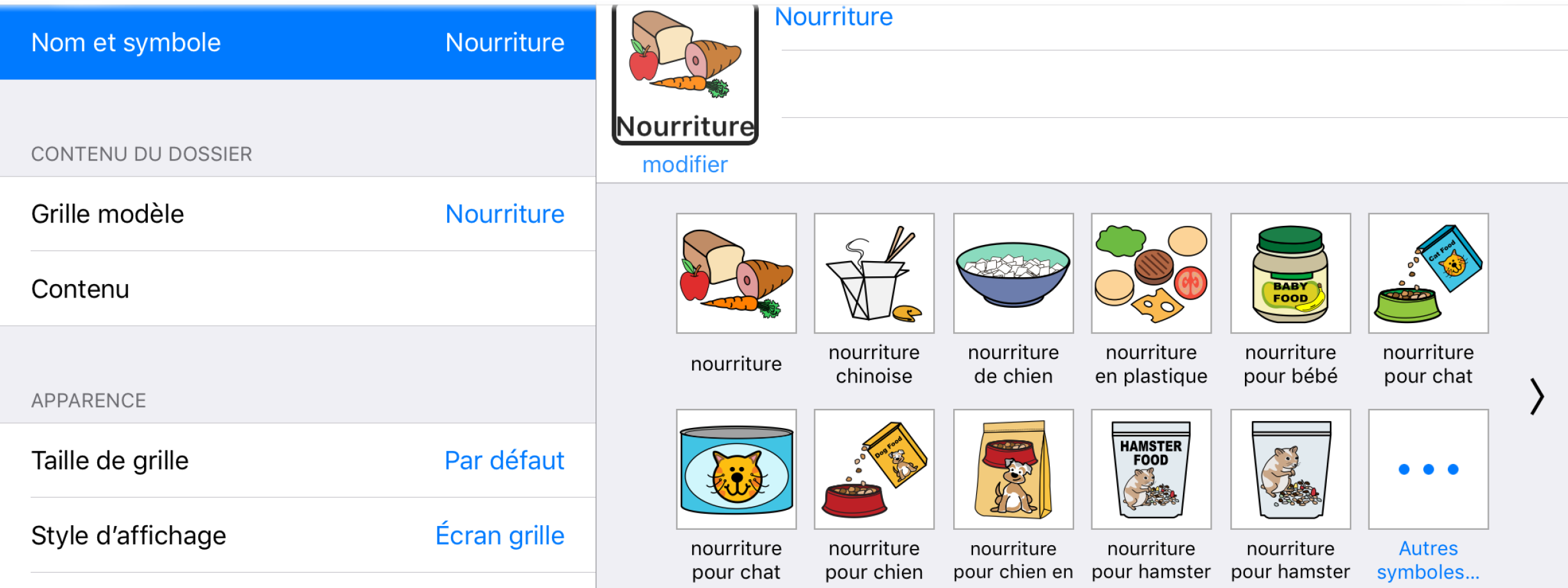 Options de nom et choix de symbole dans le mode Édition
