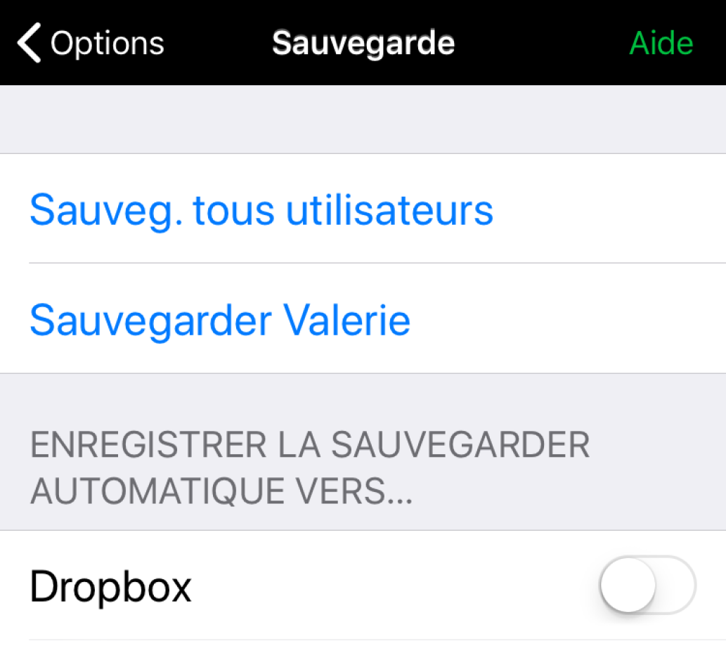 Options de sauvegarde automatique vers Dropbox et Google drive (désactivées)