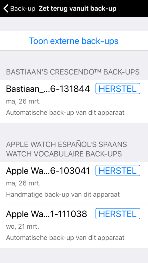 Een back-up herstellen met de optie 'Toon externe back-ups'.