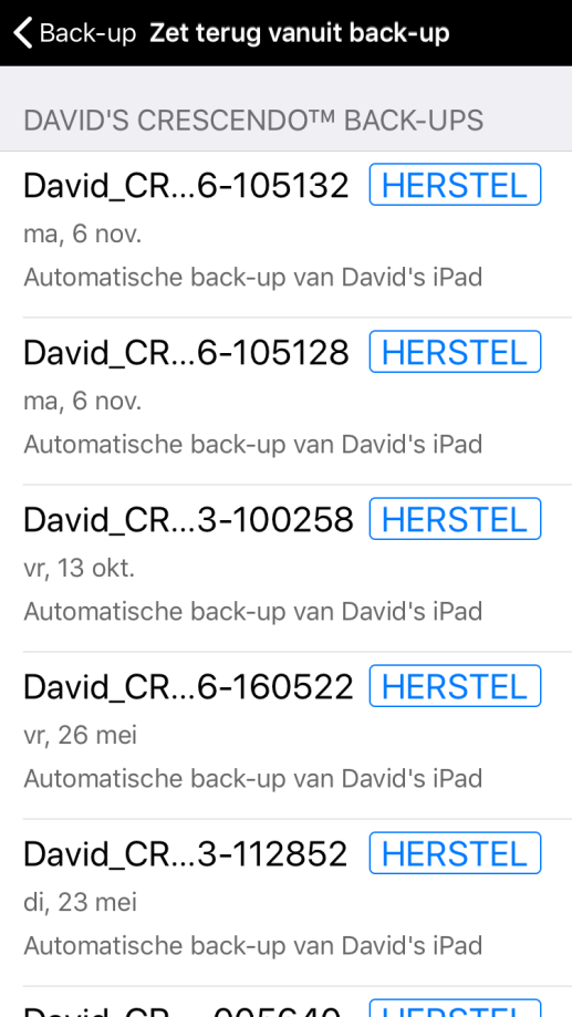 Beschikbare back-ups voor een specifieke gebruiker.