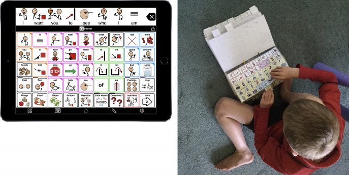 A screenshot from an iPad and a young child using light-tech AAC