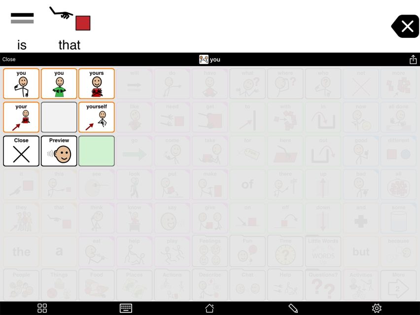 Pop-up in Proloquo2Go showing grammar options for the word you