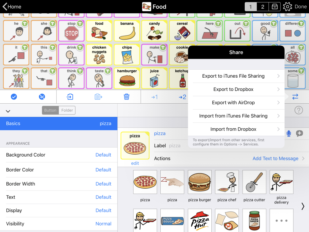 Export with AirDrop showing in the list of Share options in Proloquo2Go