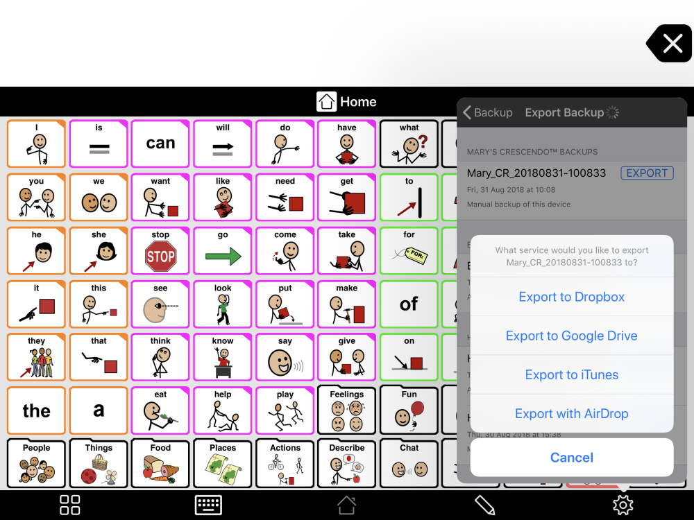 Export backup with AirDrop listed in the Export Backup option in Proloquo2Go