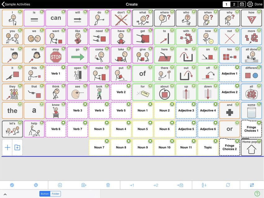 Folder in edit mode which shows placeholders and the location of core words