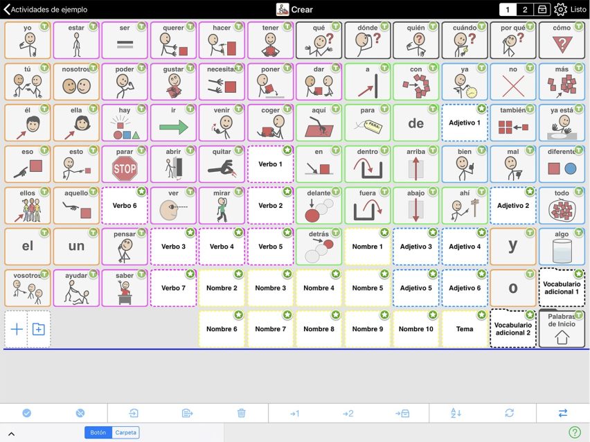 Captura de pantalla de una carpeta en modo de edición mostrando botones de referencia y el sitio de palabras esenciales.