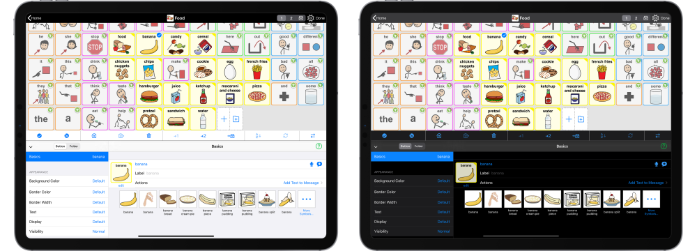 Two iPads with Proloquo2Go one with Light Mode and one with Dark mode