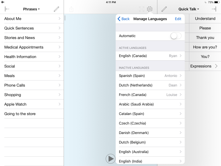 A list of manually controlled languages, plus the Language Toggle.