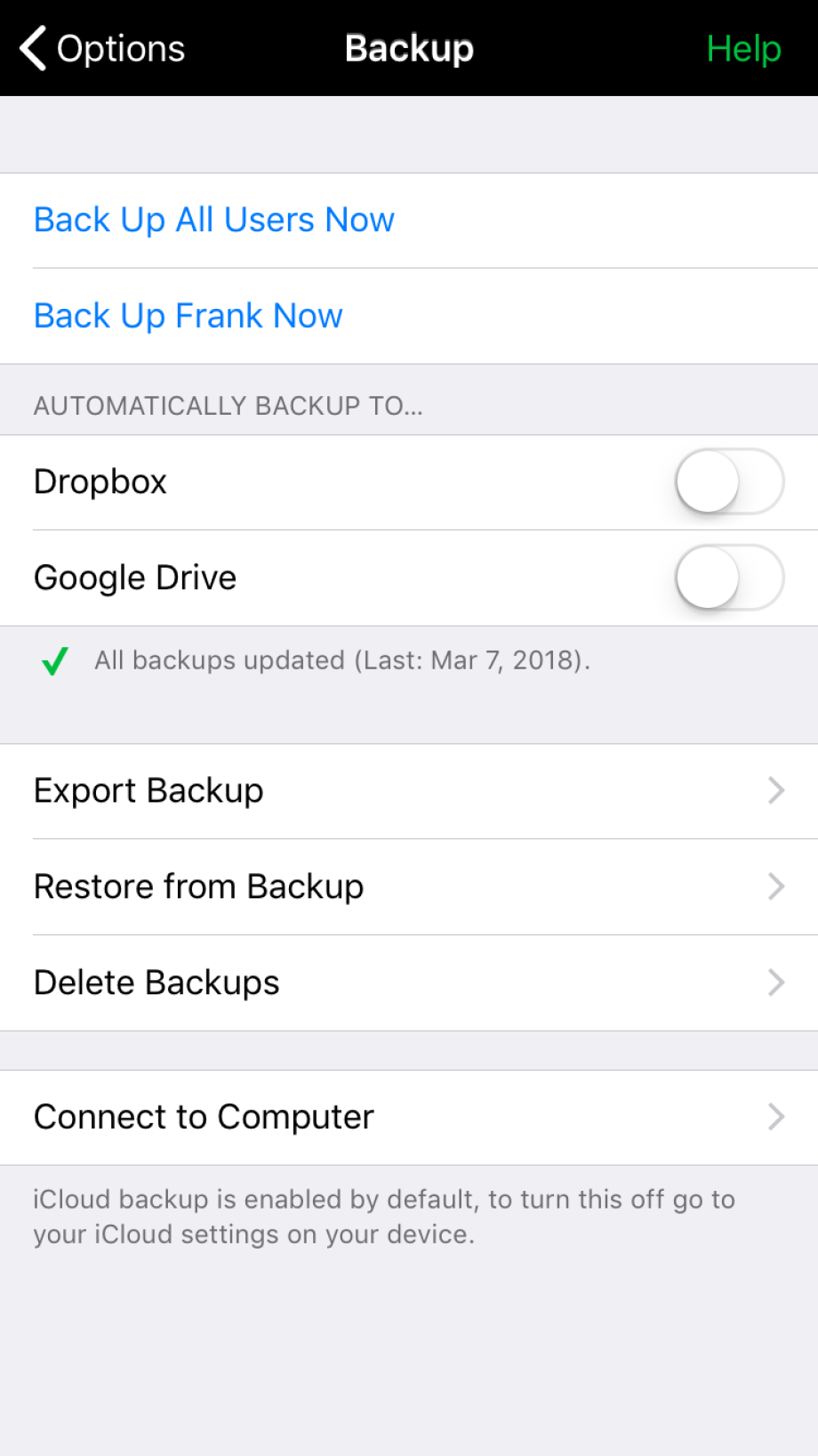 Backup section of Options