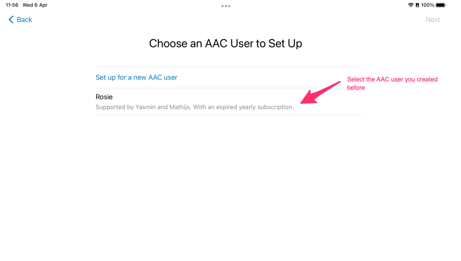 Select the AAC user you created before