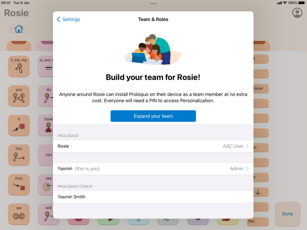 Proloquo Team & Roles configuration window