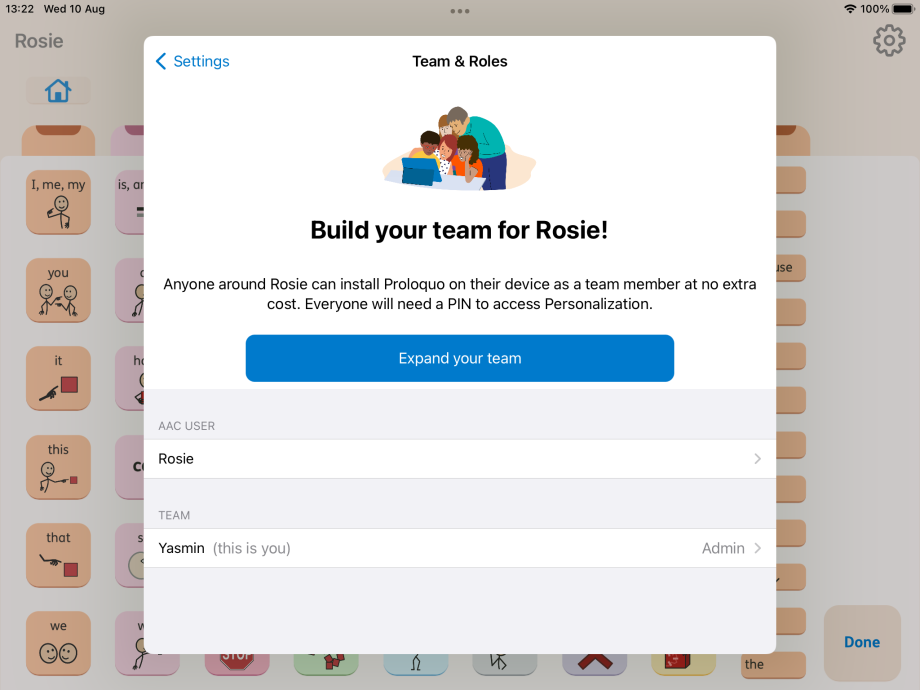 Proloquo welcome screen showing the option to invite anyone to the team supporting the AAC User
