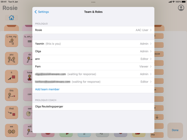 Proloquo Team & Roles configuration window expanded