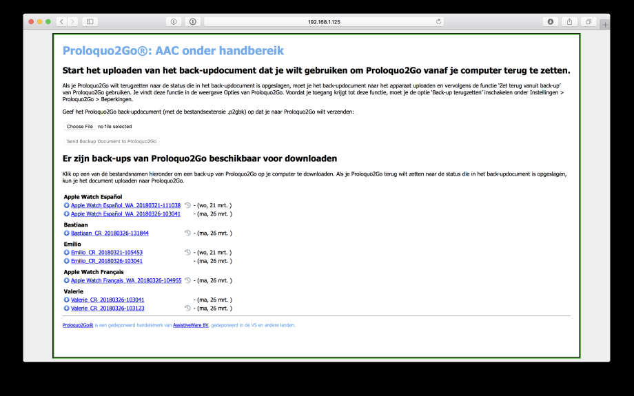 Lijst van back-ups in de internet browser.