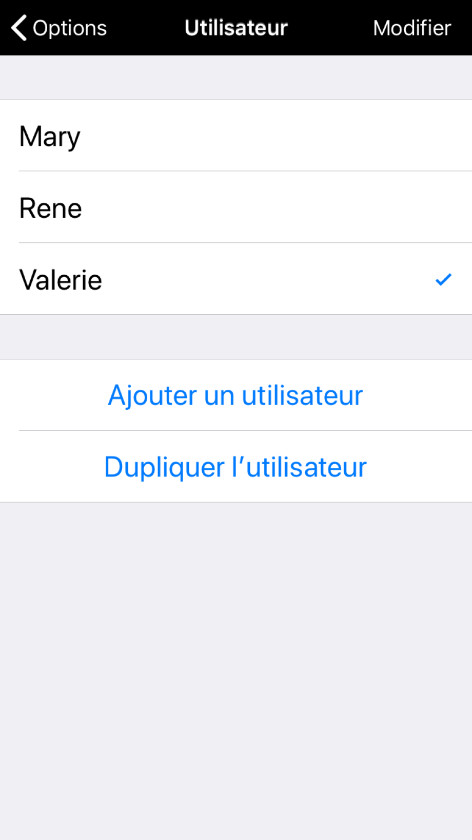 Section Utilisateurs dans les Options, avec possibilité d’ajouter un utilisateur