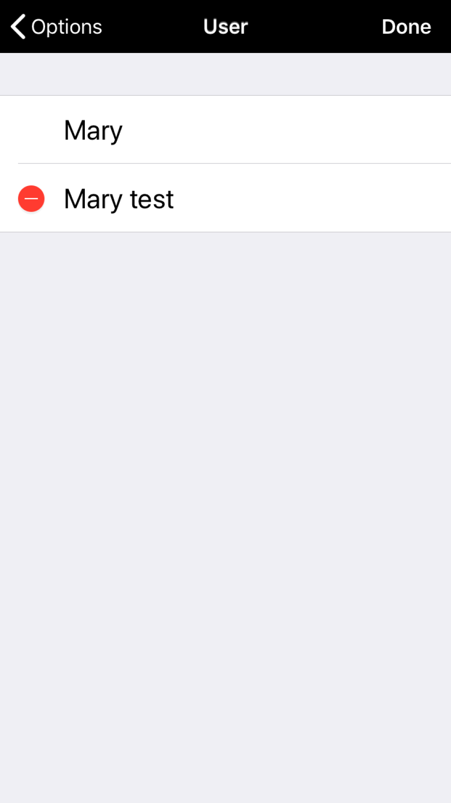 User section of Options in Edit mode, with possibility to delete a user