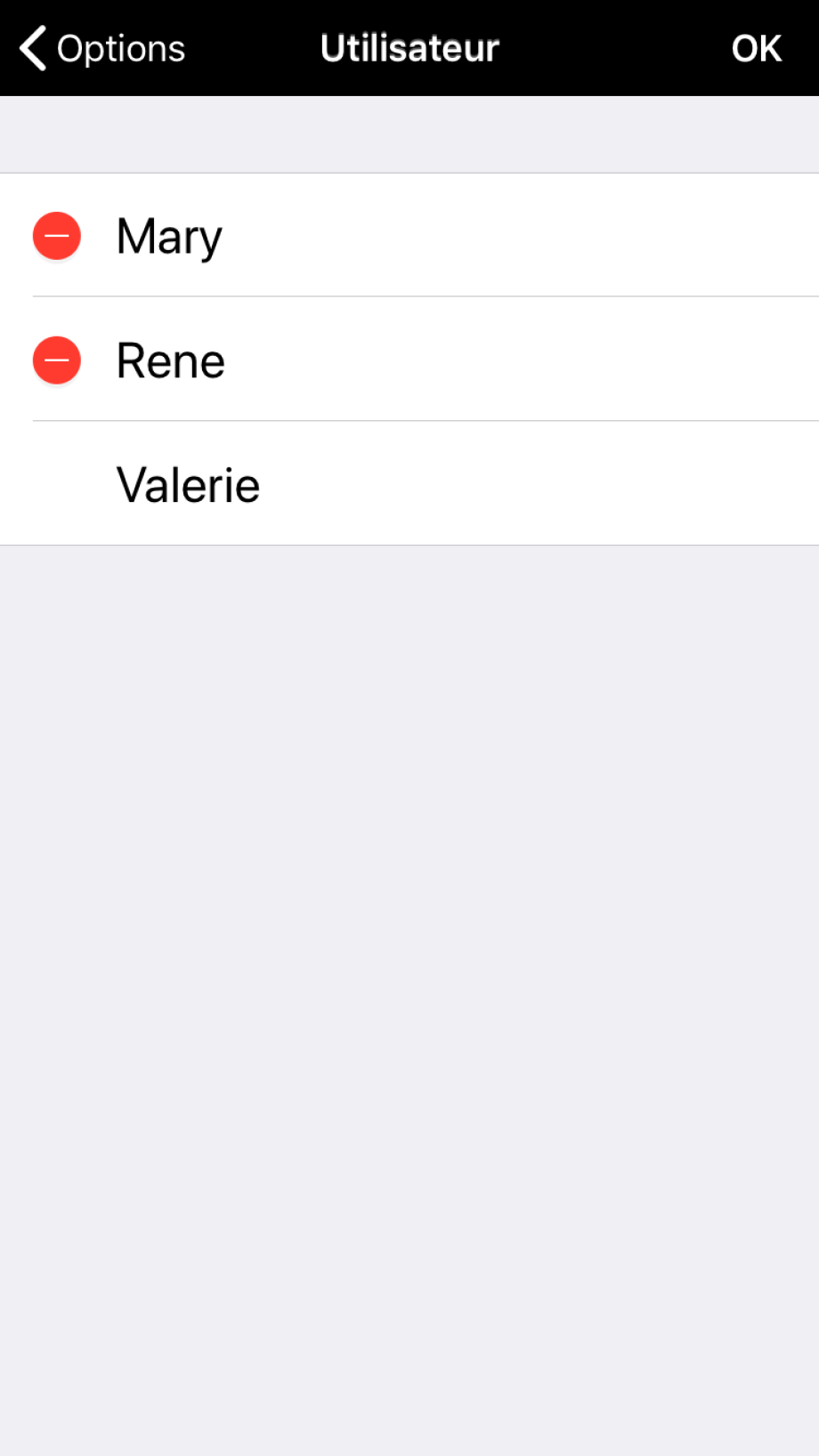 Section Utilisateurs dans les Options avec possibilité de supprimer un utilisateur