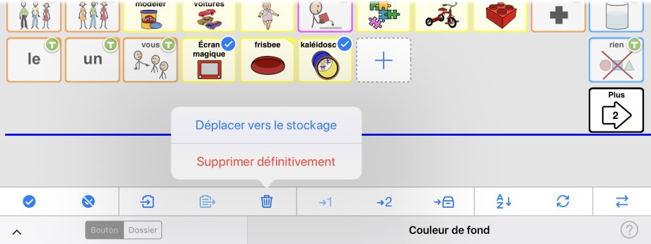 Options de supprimer définitivement un bouton ou de le déplacer dans la réserve