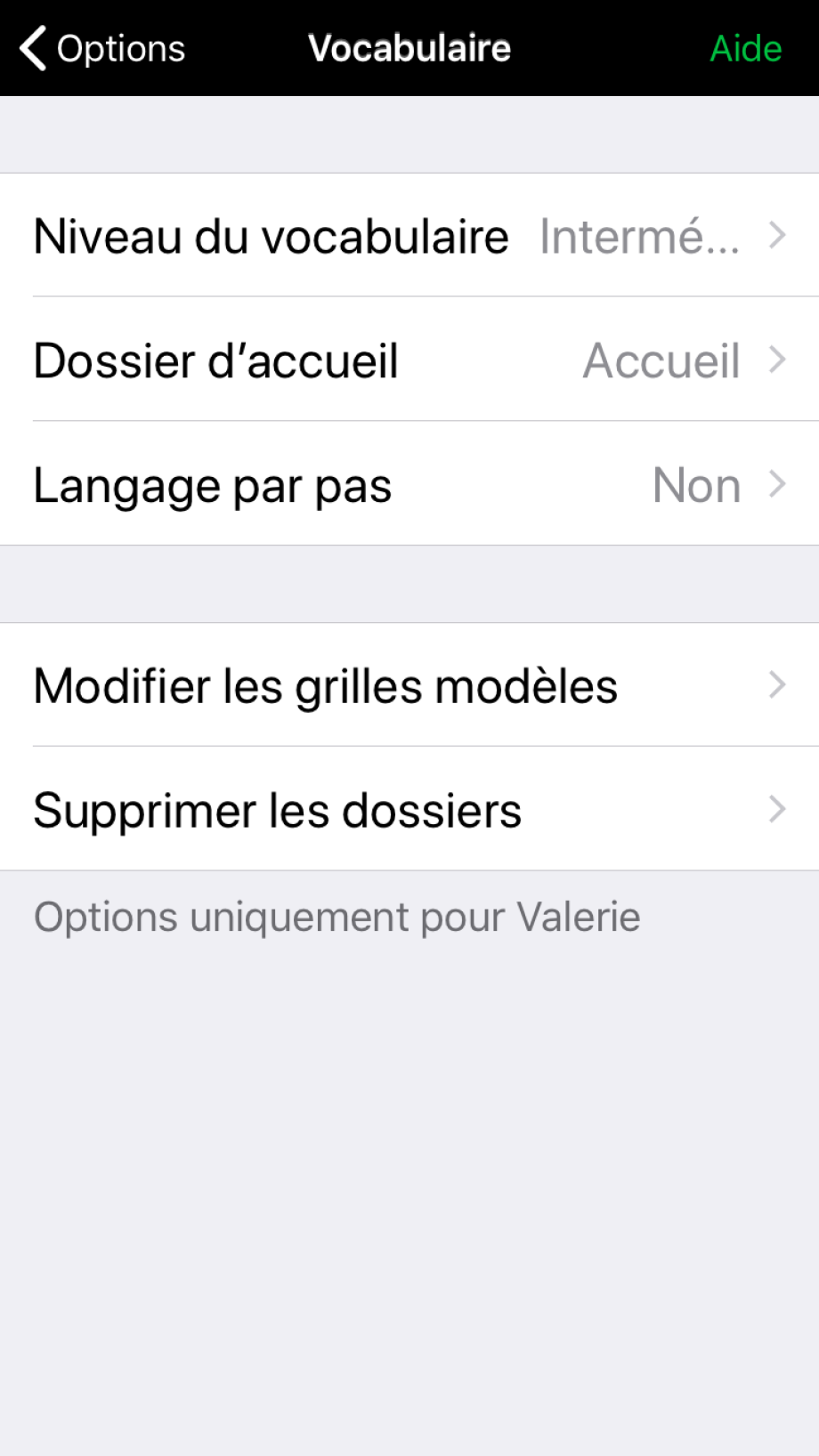 Section Vocabulaire des options