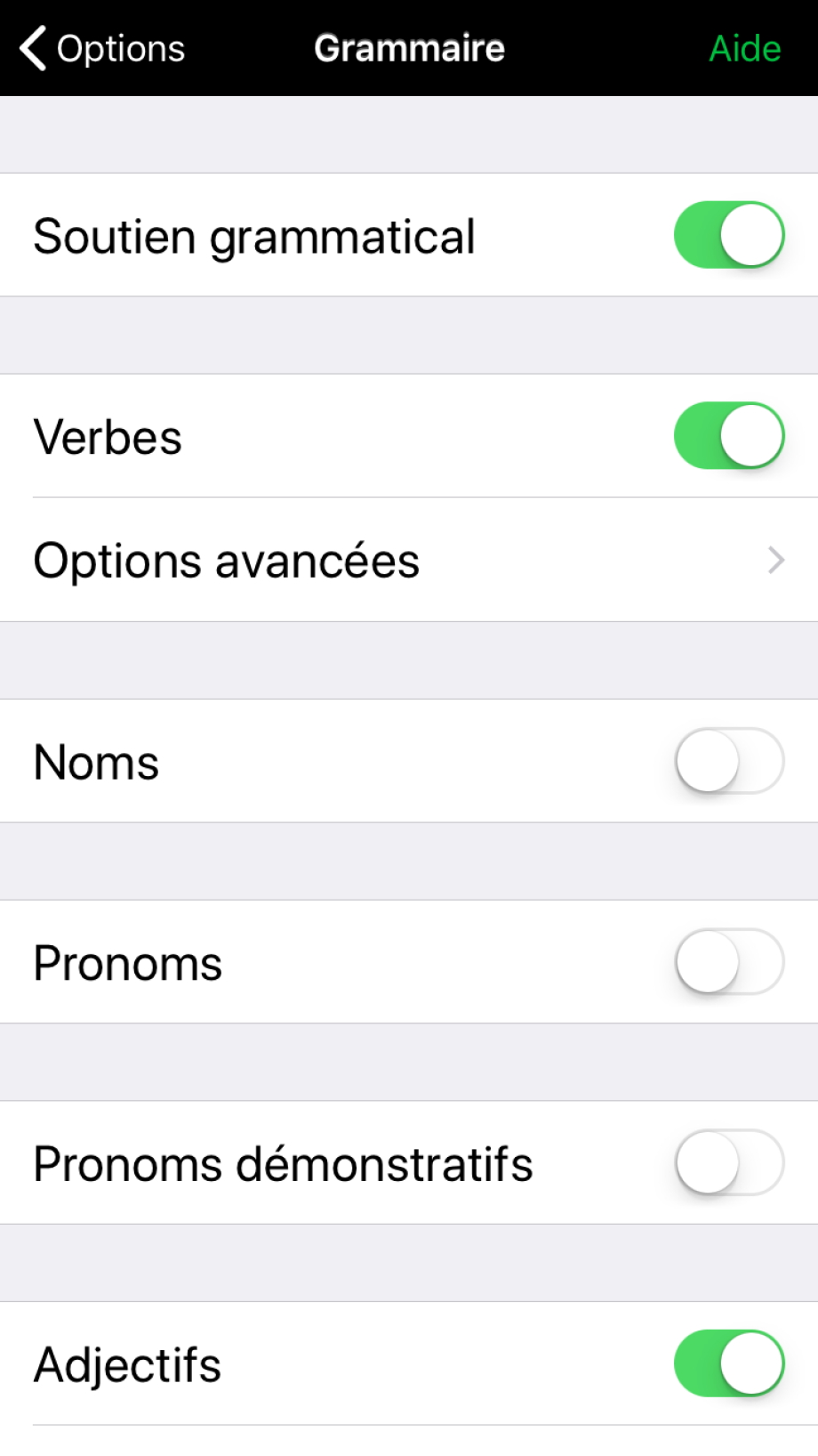 Soutien grammatical pour seulement quelques natures de mots