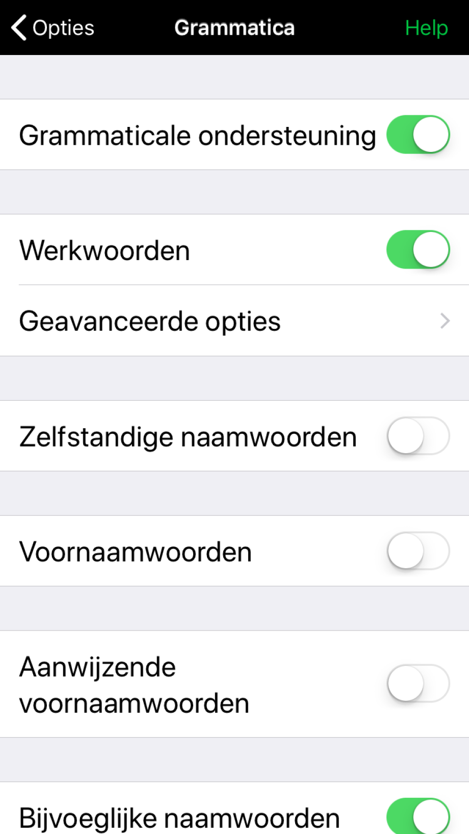 Grammaticale ondersteuning voor enkele woordsoorten.