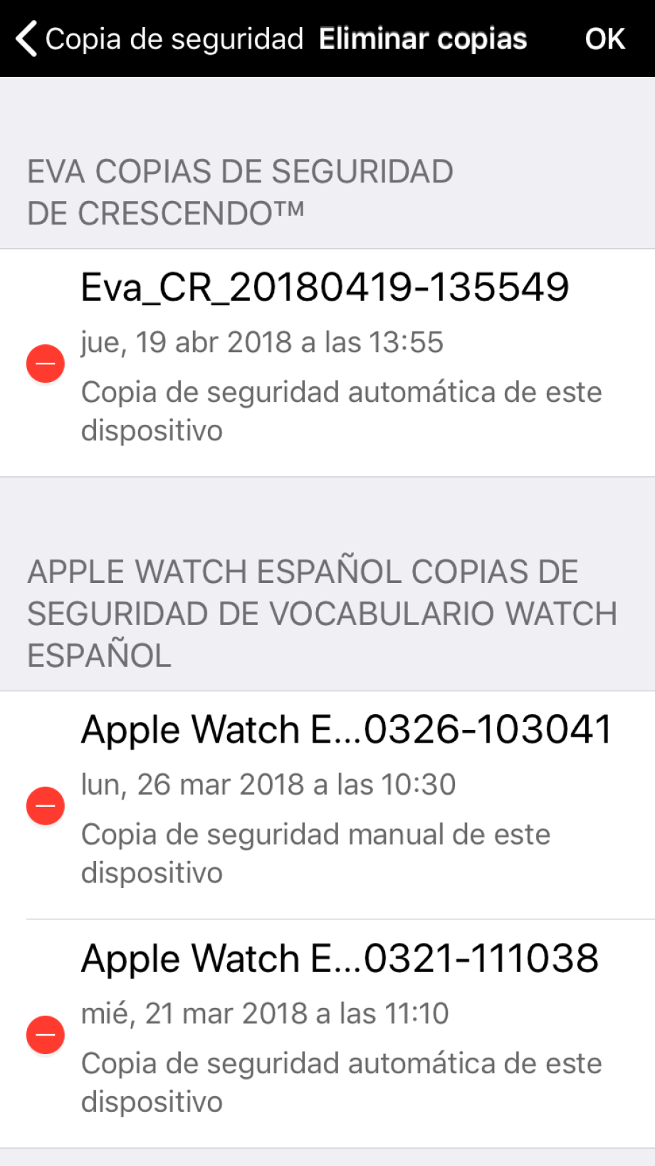 Opción de eliminar todas las copias de seguridad