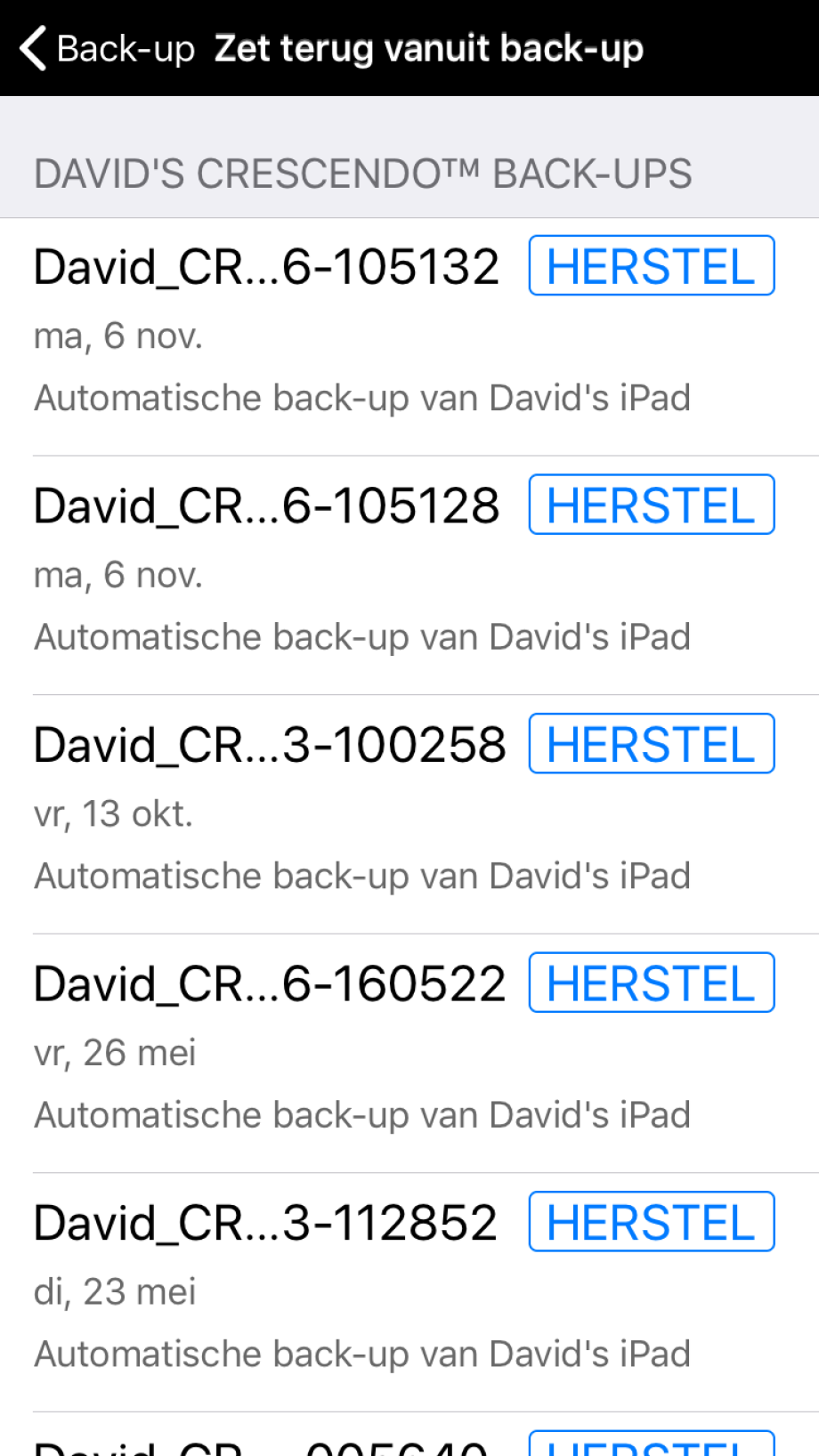 Beschikbare back-ups voor een specifieke gebruiker.