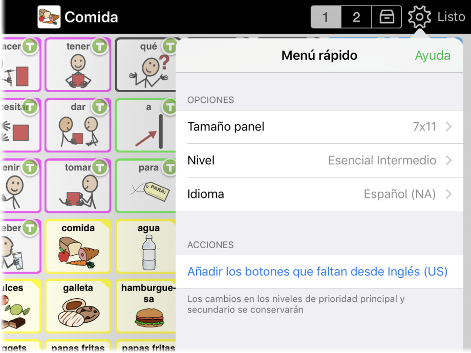 Menú rápido mostrando opción de cambiar idioma