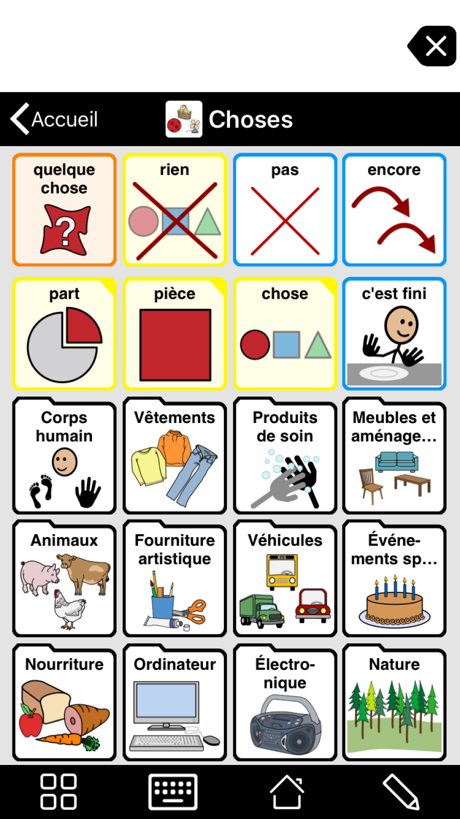 Barre d’outils inférieure montrant tous les boutons