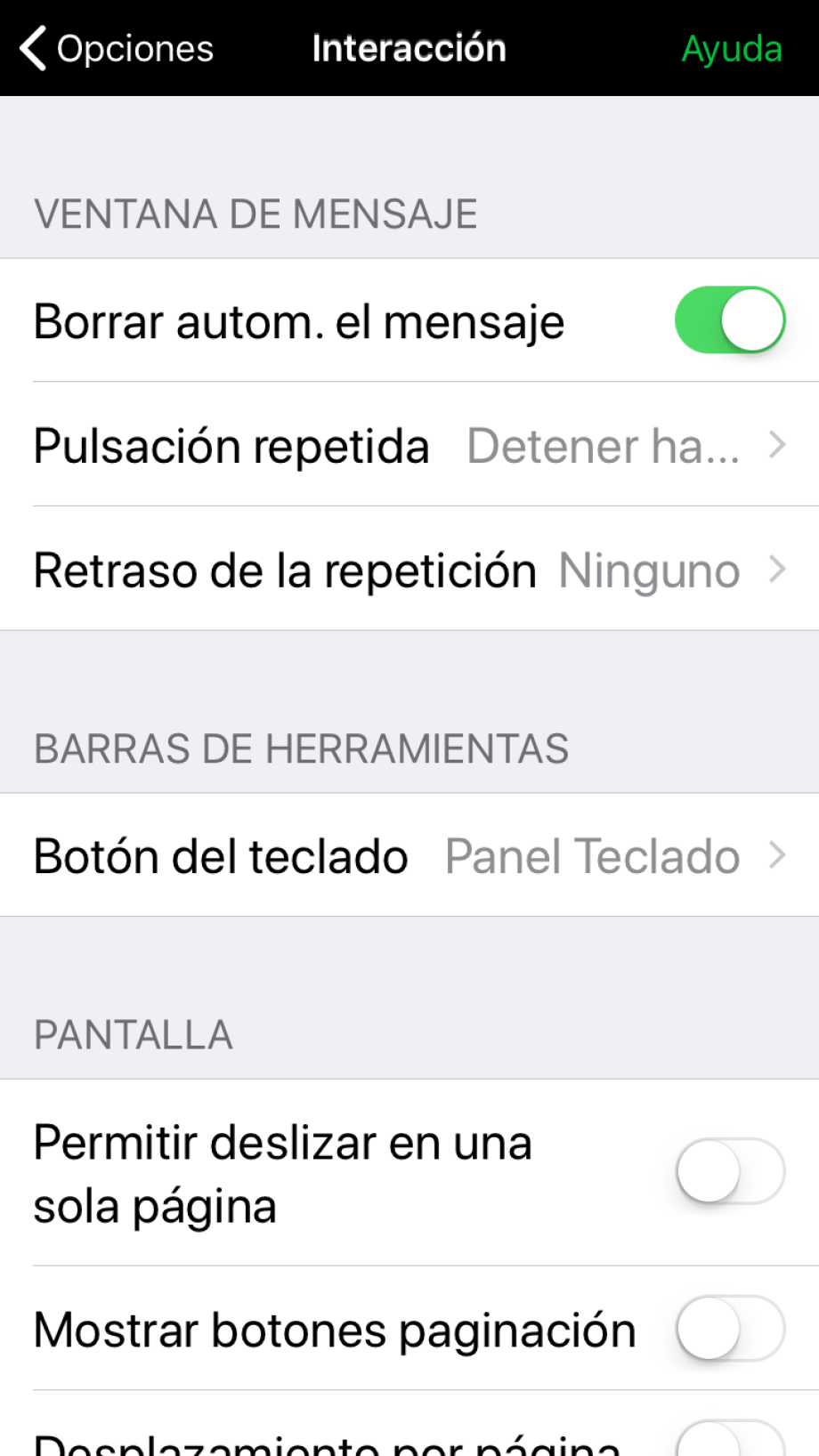 Opciones de interacción