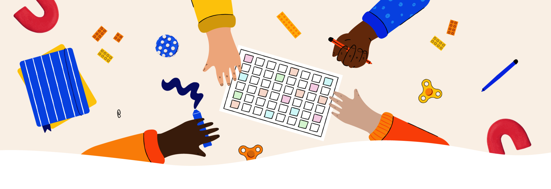 An illustration of hands reaching out to touch AAC core word board from different sides