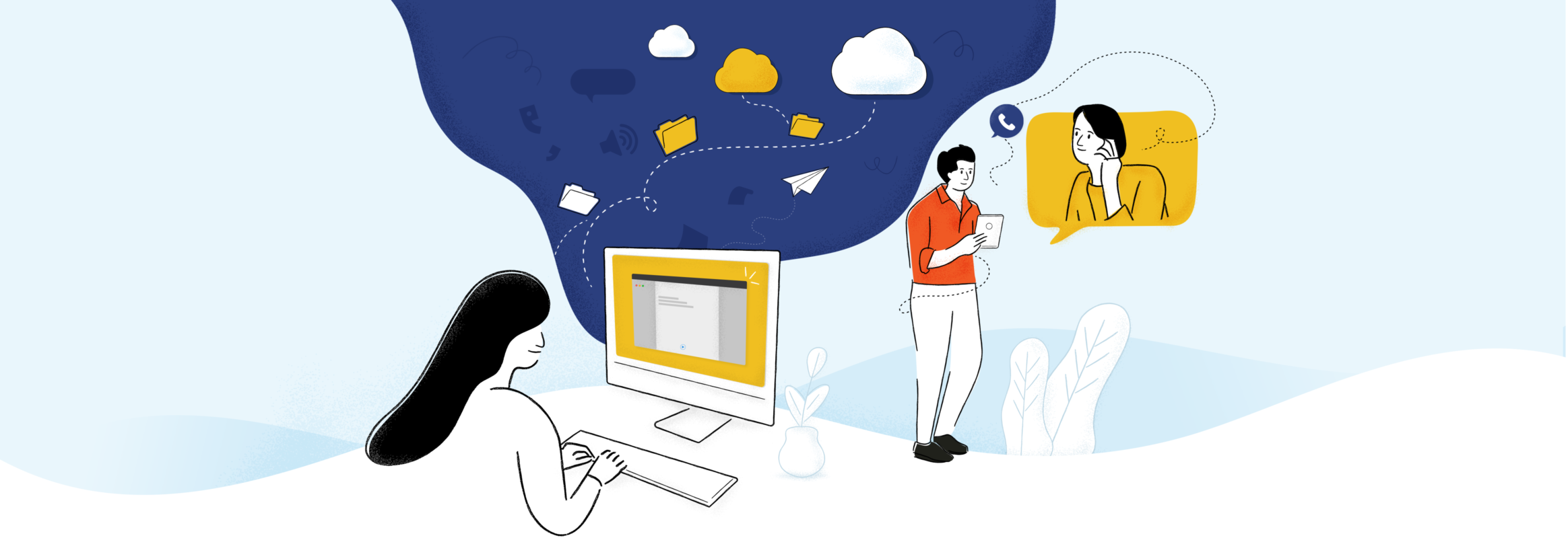 Illustration woman behind computer and two people on the phone