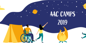 Illustration of people in a camp setting with text "AAC Camps 2019"