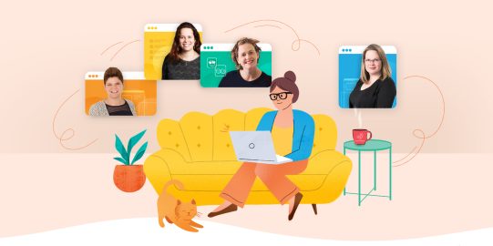 Illustration of woman on couch looking at screens with our webinar presenters