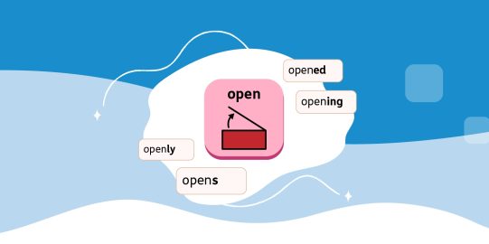 Visual of the "Open" button in Proloquo with different inflections of Open floating as words around the button