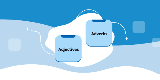 An image of two folders on a blue background with the words Adjectives and Adverbs written on them