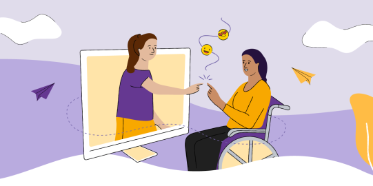 Illustration of a girl on a wheelchair reaching out to a girl coming out of the computer screen