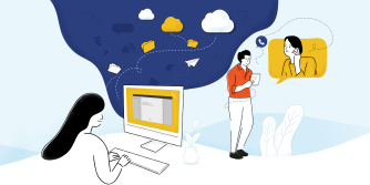 Illustration woman behind computer and two people on the phone