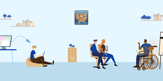 Illustration of a child using P2G with the mother editing on P2g and on other side man in wheelchair presenting with Proloquo2Go