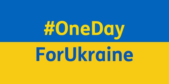 The Ukrainian flag with the words#OneDayForUkraine