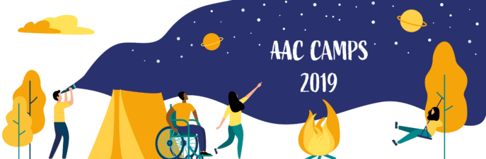 Illustration of people in a camp setting with text "AAC Camps 2019"