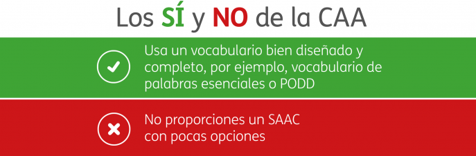 Los SÍ Y NO de la CAA. Usa un vocabulario bien diseñado y completo, por ejemplo, vocabulario de palabras esenciales o PODD. No proporciones un SAAC con pocas opciones.