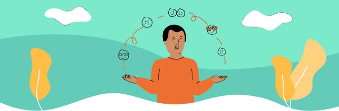 A stylized illustrated person with an orange shirt, short dark hair, brown skin, and a large smile. Their open hands display an array of smiley faces.