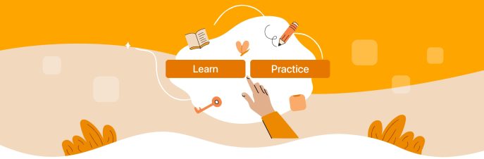 Hand pointing towards two buttons saying . One with Learn and one with Practice