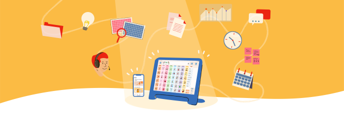 Spotlight on iPad and iPhone with Proloquo and Proloquo Coach with an orange background. The iPad and iPhone are supported by someone with a headset, folder, search, clock, calendar, and message symbol