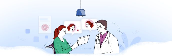 Una mujer usa CAA para hablar con un médico del hospital