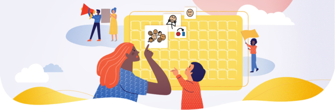Mother and child using AAC to talk about protest happening